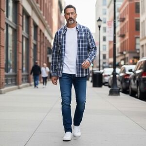 Levis Button Down Shirt Large Navy Blue Plaid Long Sleeve Casual Cotton